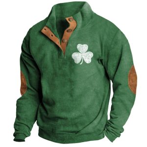 Men's Sweatshirt St. Patrick's Day Shamrock Lucky You Print Stand Collar Buttons Color Block Vintage Daily Tops, Hoodies&Sweatshirts, WAYRATES