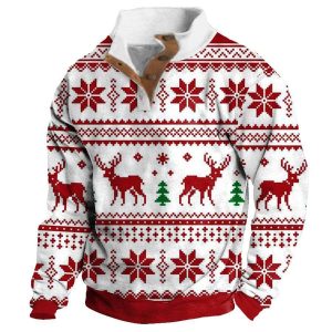 Men's Sweatshirt Christmas Deer Snowflake Buttons Stand Collar Daily Tops, Hoodies&Sweatshirts, WAYRATES