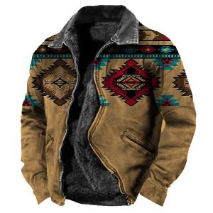 Men's Vintage Ethnic Print Zip Pocket Plush Lined Thermal Jacket, Jackets&Coats, WAYRATES