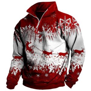 Men's Vintage Christmas Print Quarter Zip Sweatshirt, Hoodies&Sweatshirts, WAYRATES