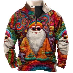 Men's Sweatshirt Quarter Zip Retro Santa Christmas Plush Collar Vintage Daily Tops, Hoodies&Sweatshirts, WAYRATES