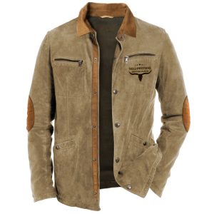 Men's Retro Yellowstone Zipper Pocket Elbow Patch Shirt Jacket Outdoor Mid-Length Casual Lapel Outerwear, Jackets&Coats, WAYRATES