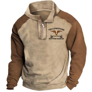 Men's Vintage Yellowstone Patchwork Waffle Quarter Zip Stand Collar Color Block Daily Tops Sweatshirt, Hoodies&Sweatshirts, WAYRATES
