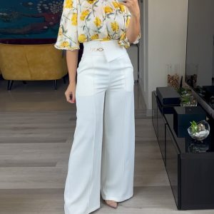 2 Pieces Outfit Floral Print Bell Sleeve Satin Blouse Top and Casual High Waist Work Pants Set, women Two-piece Sets, ChicMe catalog
