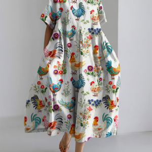 Women's Farm Chicken And Floral Embroidered Print Short Sleeve Midi Dress, Dresses, Lilicloth.com