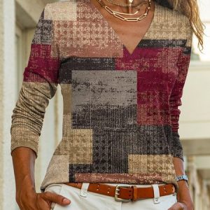Women's Long Sleeve Tee T-shirt Spring/Fall Geometric Jersey V Neck Daily Going Out Casual Top, JustFashionNow T-Shirts, color:Brown|size:XXL,