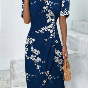 Women's Floral Short Sleeve Summer Buckle Dress Cross Neck Daily Vacation Mini H-Line Dress, JustFashionNow Dresses, color:Purplish blue|size:XXL,