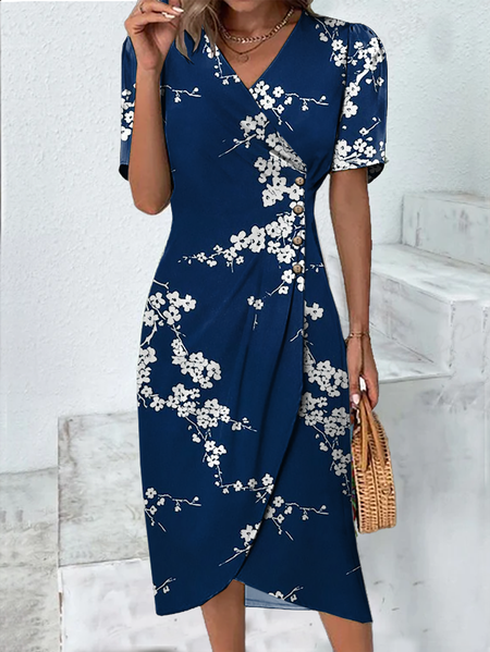 Women's Floral Short Sleeve Summer Buckle Dress Cross Neck Daily Vacation Mini H-Line Dress, JustFashionNow Dresses, color:Purplish blue|size:XXL,