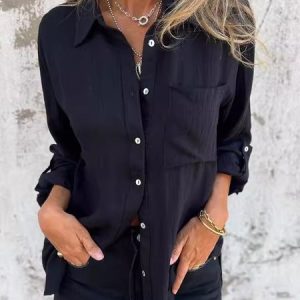 Women Plain Long Sleeve Shirt Spring/Fall Buckle Shirt Collar Daily Casual Top, JustFashionNow Blouses, color:Black|size:3XL,