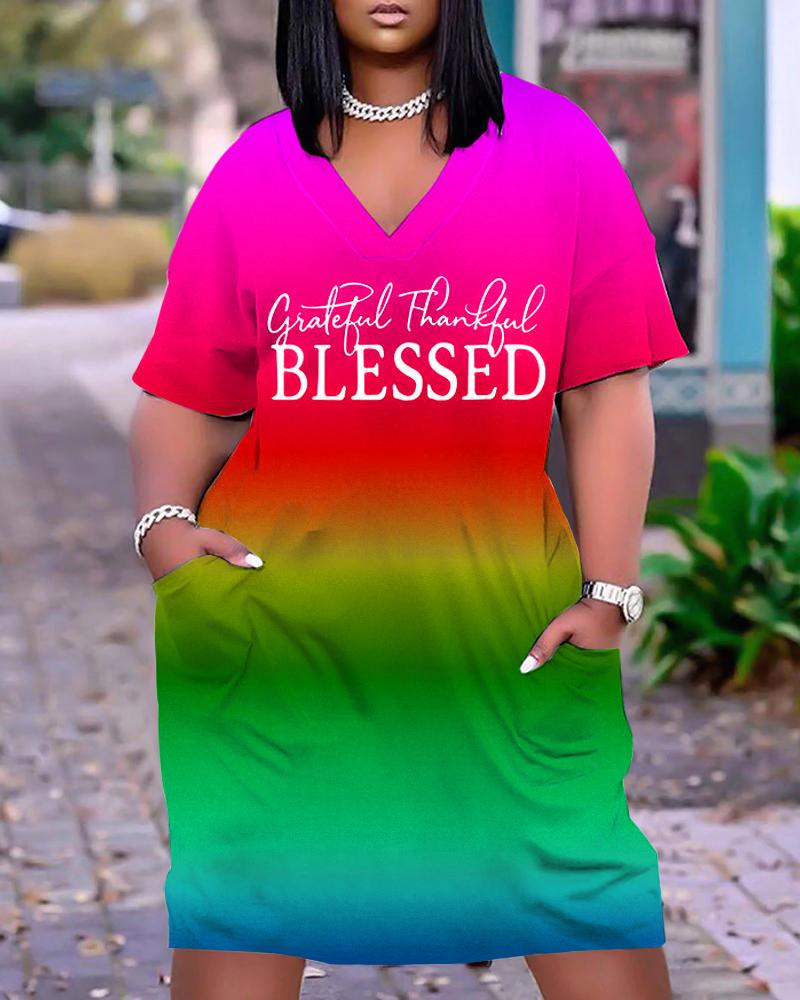 Plus Size Grateful Thankful Blessed Print Ombre Casual Dress, women Casual Dresses, ChicMe catalog - Image 2