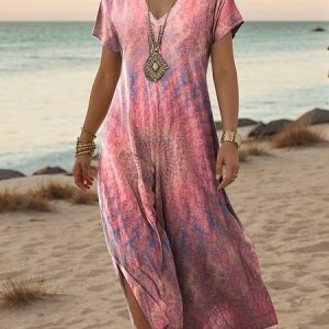 Women's Retro Art Print Hem Side Slit V-Neck Long Dress, Dresses, Lilicloth.com