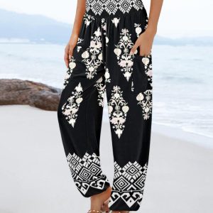 Tie Dye Print Shirred High Waist Cinched Hem Long Pants Vintage Pants with Pocket, women Pants, ChicMe catalog