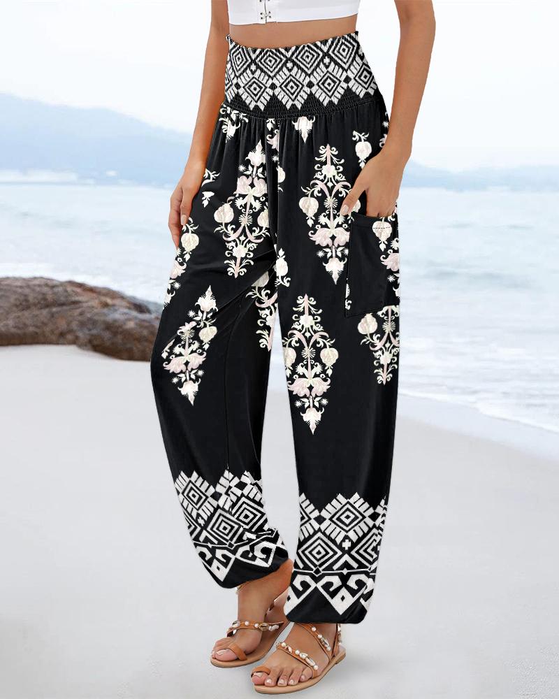 Tie Dye Print Shirred High Waist Cinched Hem Long Pants Vintage Pants with Pocket, women Pants, ChicMe catalog