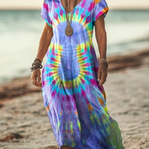 Women Tie-Dye Pattern V Neck Short Sleeve Comfy Casual Maxi Dress, Dresses, color:As Picture|size:3XL, catalog Noracora shop
