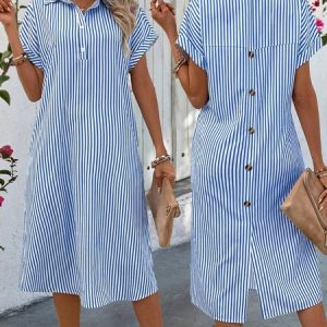 Shirt Collar Casual Buttoned Shirt Dress, JustFashionNow Shirt Dresses, color:Blue|size:XXL,