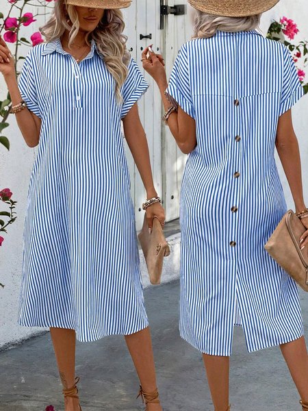 Shirt Collar Casual Buttoned Shirt Dress, JustFashionNow Shirt Dresses, color:Blue|size:XXL,