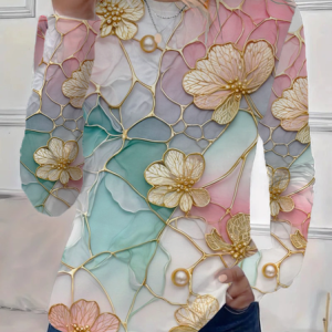 Women's Floral Spring Print Round Neck Long Sleeve T-Shirt, Long sleeves, Lilicloth.com