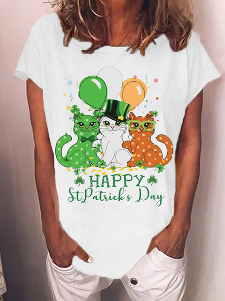 Women's Cat Short Sleeve Tee T-shirt Crew Neck Casual Summer Top, JustFashionNow T-Shirts, color:White|size:3XL,