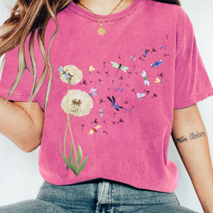 Dandelion Dragonfly Print Wash T-Shirt, T-shirts, Lilicloth.com