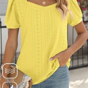 Plus Size Casual Sweetheart Neckline Knitted Plain T-Shirt, JustFashionNow T-Shirts, color:Yellow|size:4X,