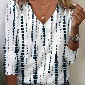 Women's Striped Print Casual V-Neck Long Sleeve T-Shirt, Long sleeves, Lilicloth.com