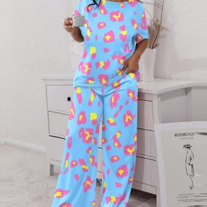 2 Pieces Outfit Round Neck Short Sleeve Top and Elastic Waist Wide Leg Pants Set Casual Pink Leopard Print Pajamas Set, women Pajamas Sets, ChicMe catalog