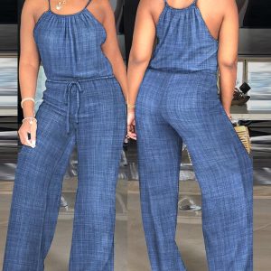 Ruched Neck Adjustable Spaghetti Straps Drawstring Tie Waist Overalls Casual Jumpsuit, women Jumpsuits, ChicMe catalog