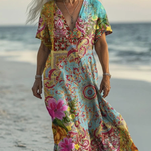 Women Floral V Neck Short Sleeve Comfy Vintage Maxi Dress, Maxi, color:Aqua blue|size:4XL, catalog Noracora shop