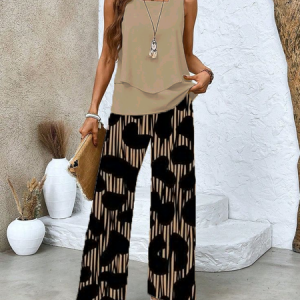 Women Abstract Printing Two-Piece Set Daily Sleeveless Casual Summer Top With Pants Matching Set, JustFashionNow Suit Set, color:As Picture|size:XXL,