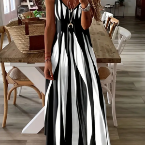 Women Abstract Stripes Sleeveless Summer Printing Dress V Neck Daily Casual Maxi Slip Dress X-Line Dress, JustFashionNow Casual Dresses, color:Black|size:M,