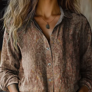 Women's Vintage Art Print Casual Long Sleeve Comfortable Cotton Shirt, Blouses, Lilicloth.com