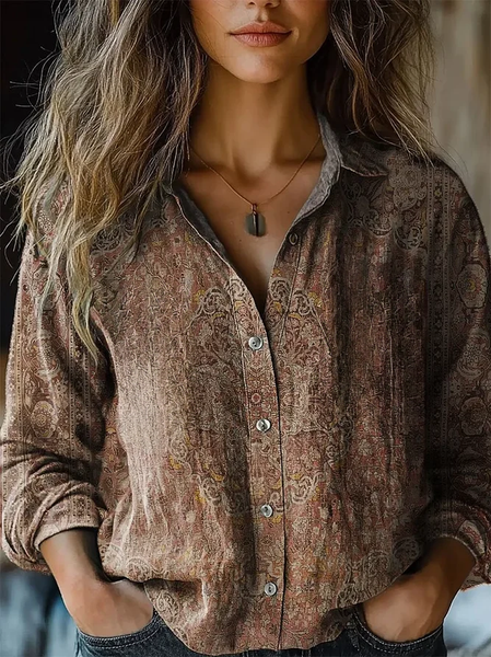 Women's Vintage Art Print Casual Long Sleeve Comfortable Cotton Shirt, Blouses, Lilicloth.com