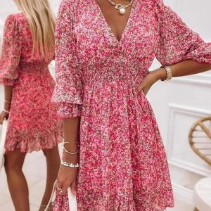 Pink Ditsy Floral Print Lantern Sleeve Ruffles Shirred Dress, women Print Dresses, ChicMe catalog