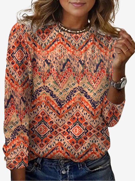 Women's Long Sleeve Tee T-shirt Spring/Fall Ethnic Jersey Crew Neck Daily Going Out Casual Top, JustFashionNow T-Shirts, color:Orange|size:XXL,