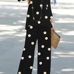 Women Floral Crew Neck Long Sleeve Comfy Casual Printing Top With Pants Two-Piece Set, Sets, color:Black|size:XXL, catalog Noracora shop