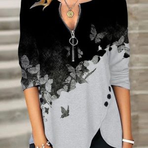 JFN V Neck Butterfly Colorblock Tunic Top, JustFashionNow Shirts & Blouses, color:As Picture|size:XXL,