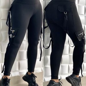 High Waist Webbing Side Zipper Pocket Design Skinny Pants Casual Slim Fit Leggings, women Pants, ChicMe catalog