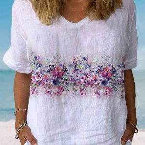 Women's Short Sleeve Blouse Summer Floral Cotton Crew Neck Daily Going Out Casual Top, JustFashionNow Blouses, color:White|size:XXL,