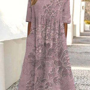 Women Floral Crew Neck Half Sleeve Comfy Vintage Maxi Dress, Dresses, color:As Picture|size:4XL, catalog Noracora shop