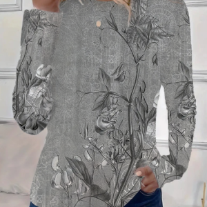 Women's Floral Long Sleeve Tee T-shirt Crew Neck Printing Casual Spring/Fall Graphic Tee Top, JustFashionNow T-Shirts, color:Gray|size:XXL,