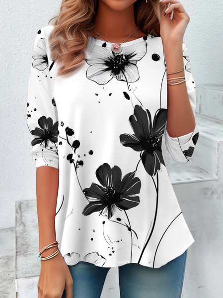 Women's Long Sleeve Tee T-shirt Spring/Fall Floral Printing Crew Neck Casual Graphic Tee Top, JustFashionNow T-Shirts, color:White|size:XXL - Image 3