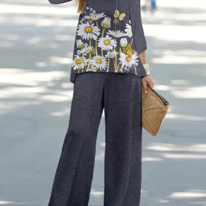 Women's Floral Printing Two-Piece Set Daily Long Sleeve Casual Spring/Fall Top With Pants Matching Set, JustFashionNow Suit Set, color:Deep Gray|size:XXL,