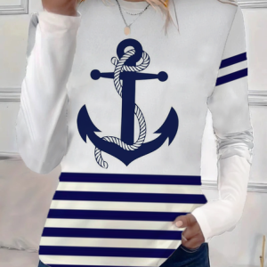 Casual Striped Crew Neck Long Sleeve T-shirt, T-shirts, color:White|size:3XL, catalog Noracora shop