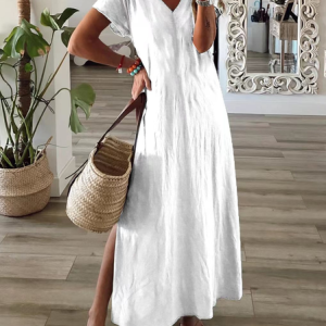 Women Plain Short Sleeve Summer Printing Dress V Neck Daily Casual Maxi X-Line Dress, JustFashionNow Casual Dresses, color:White|size:3XL,