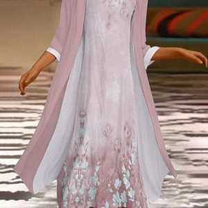 Women Floral Printing Two-Piece Set Daily Three Quarter Sleeve Casual Spring/Fall Dress With Coat Matching Set, JustFashionNow Suit Set, color:Pink|size:XXL,
