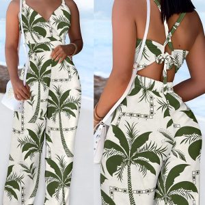 Floral Print V Neck Spaghetti Strap Jumpsuit Casual Back Tied Detail Vacation Romper, women Jumpsuits, ChicMe catalog