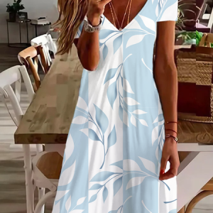 Women's Floral Short Sleeve Summer Printing Dress V Neck Daily Casual Knee Length T-Shirt Dress H-Line Dress, JustFashionNow Casual Dresses, color:Blue-White|size:XXL,