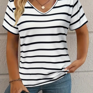 Women's Striped Short Sleeve Tee T-shirt V Neck Printing Casual Summer Graphic Tee Top, JustFashionNow T-Shirts, color:White|size:XXL,