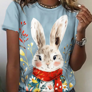 Bunny Easter Flowers Print T-Shirt, T-shirts, Lilicloth.com