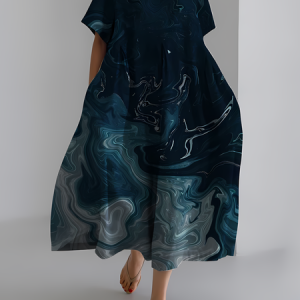 Women's Ocean Art Stripe Print Vintage Round Neck Pleated Dress, Dresses, Lilicloth.com